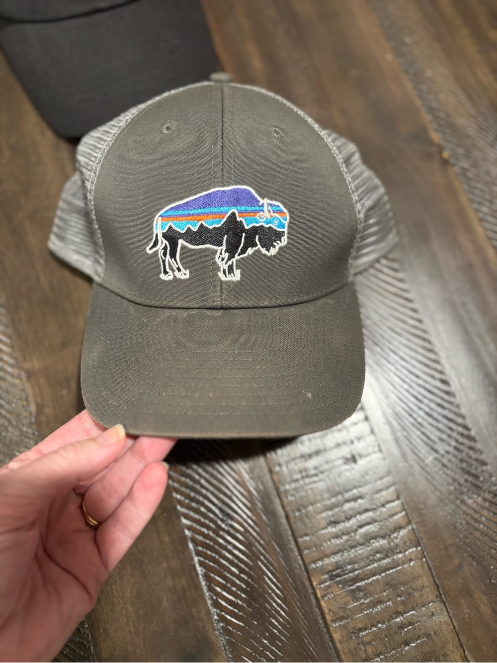 Patagonia Kids Olive Trucker Hat with Multicolor Buffalo Patch